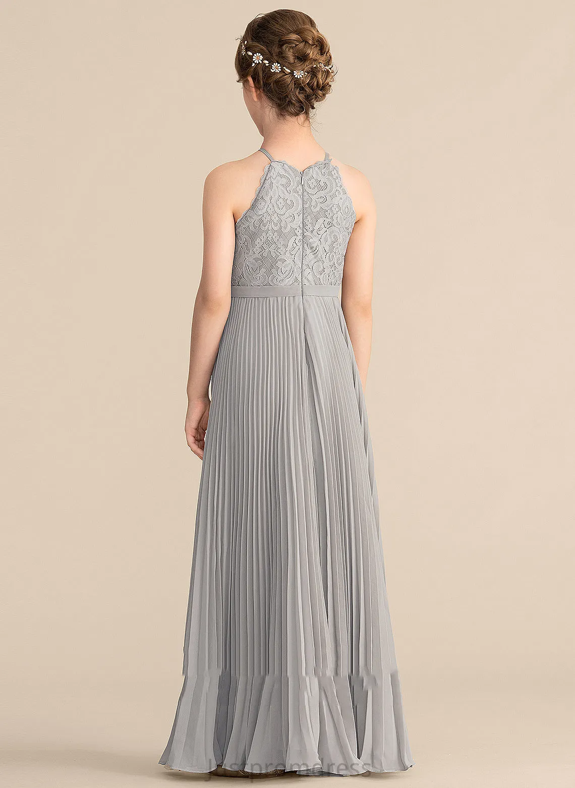 A-Line Chiffon Junior Bridesmaid Dresses Neck With Floor-Length Scoop Lace Pleated Taniyah