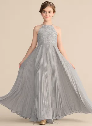 A-Line Chiffon Junior Bridesmaid Dresses Neck With Floor-Length Scoop Lace Pleated Taniyah