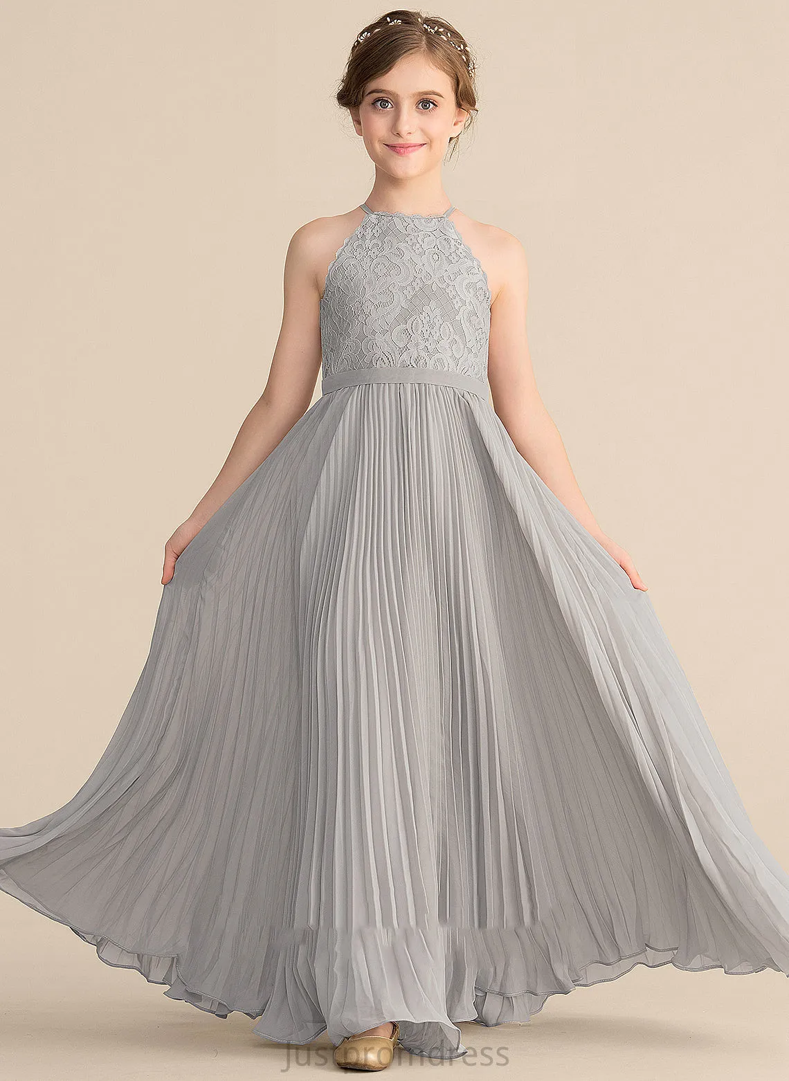 A-Line Chiffon Junior Bridesmaid Dresses Neck With Floor-Length Scoop Lace Pleated Taniyah