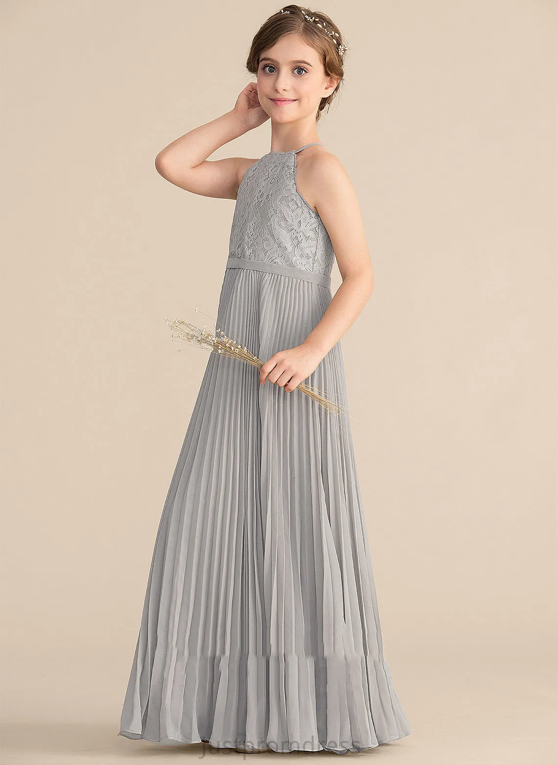 A-Line Chiffon Junior Bridesmaid Dresses Neck With Floor-Length Scoop Lace Pleated Taniyah