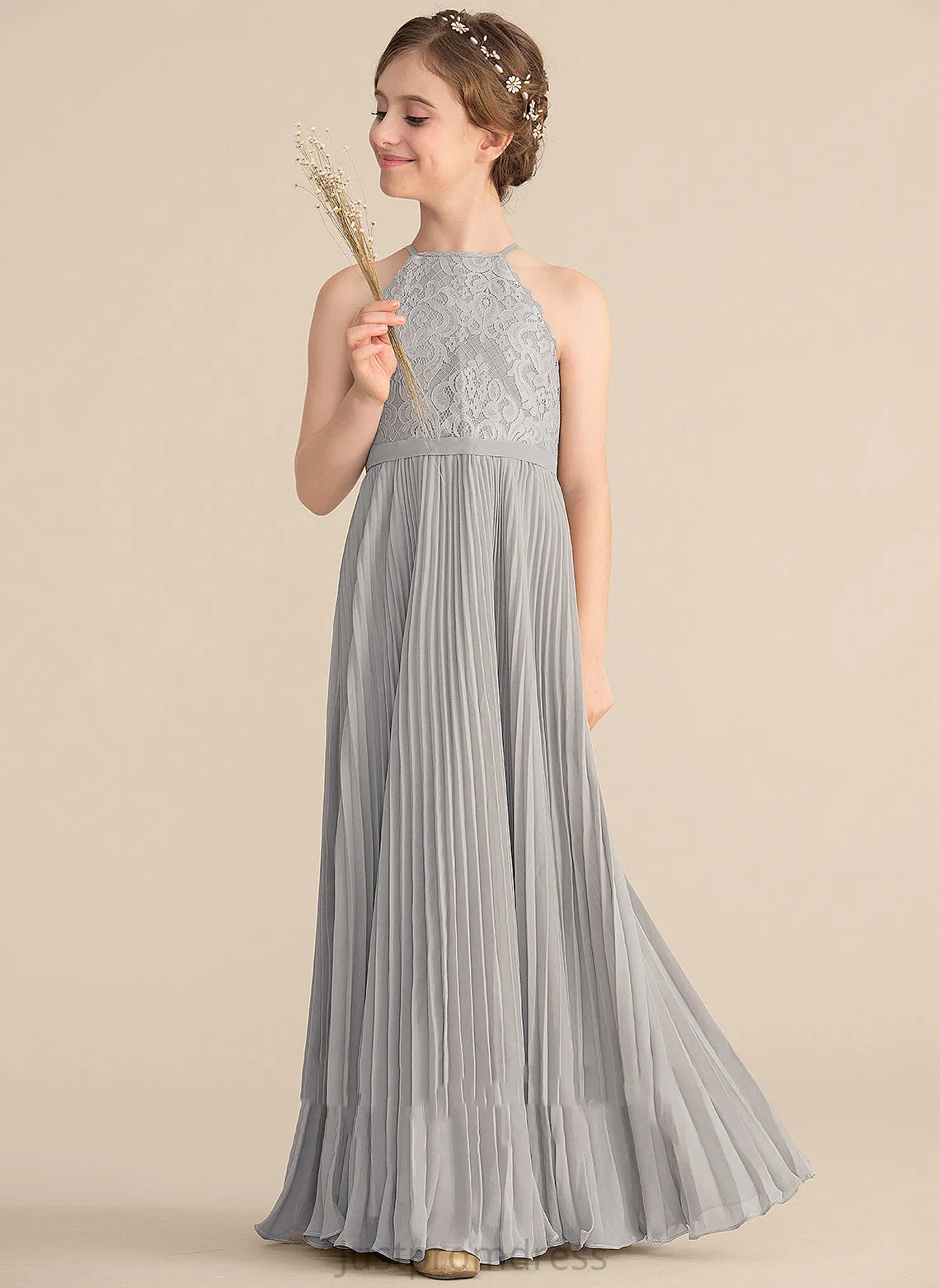 A-Line Chiffon Junior Bridesmaid Dresses Neck With Floor-Length Scoop Lace Pleated Taniyah
