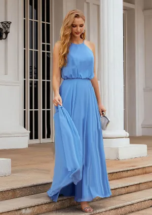 A-line Halter Sleeveless Chiffon Long/Floor-Length Bridesmaid Dresses With Pleated Kinsley HHP0025621