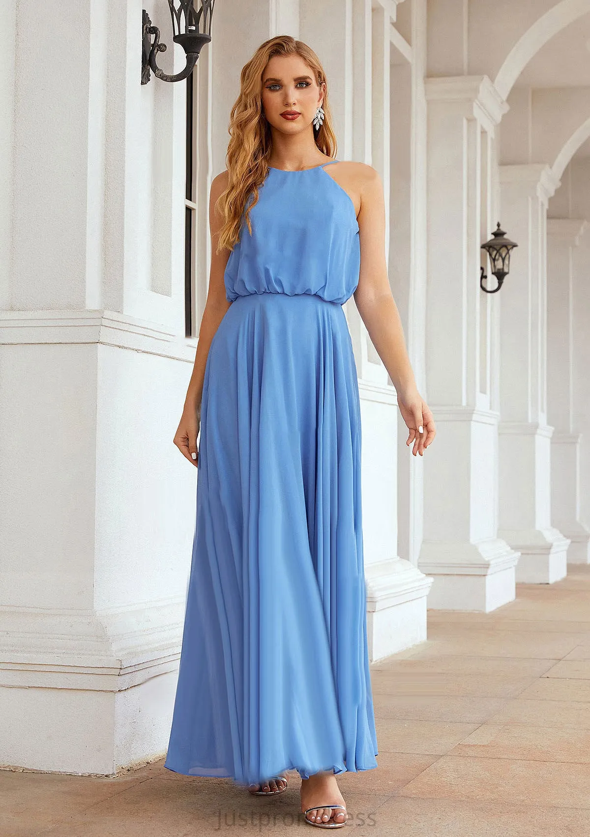 A-line Halter Sleeveless Chiffon Long/Floor-Length Bridesmaid Dresses With Pleated Kinsley HHP0025621