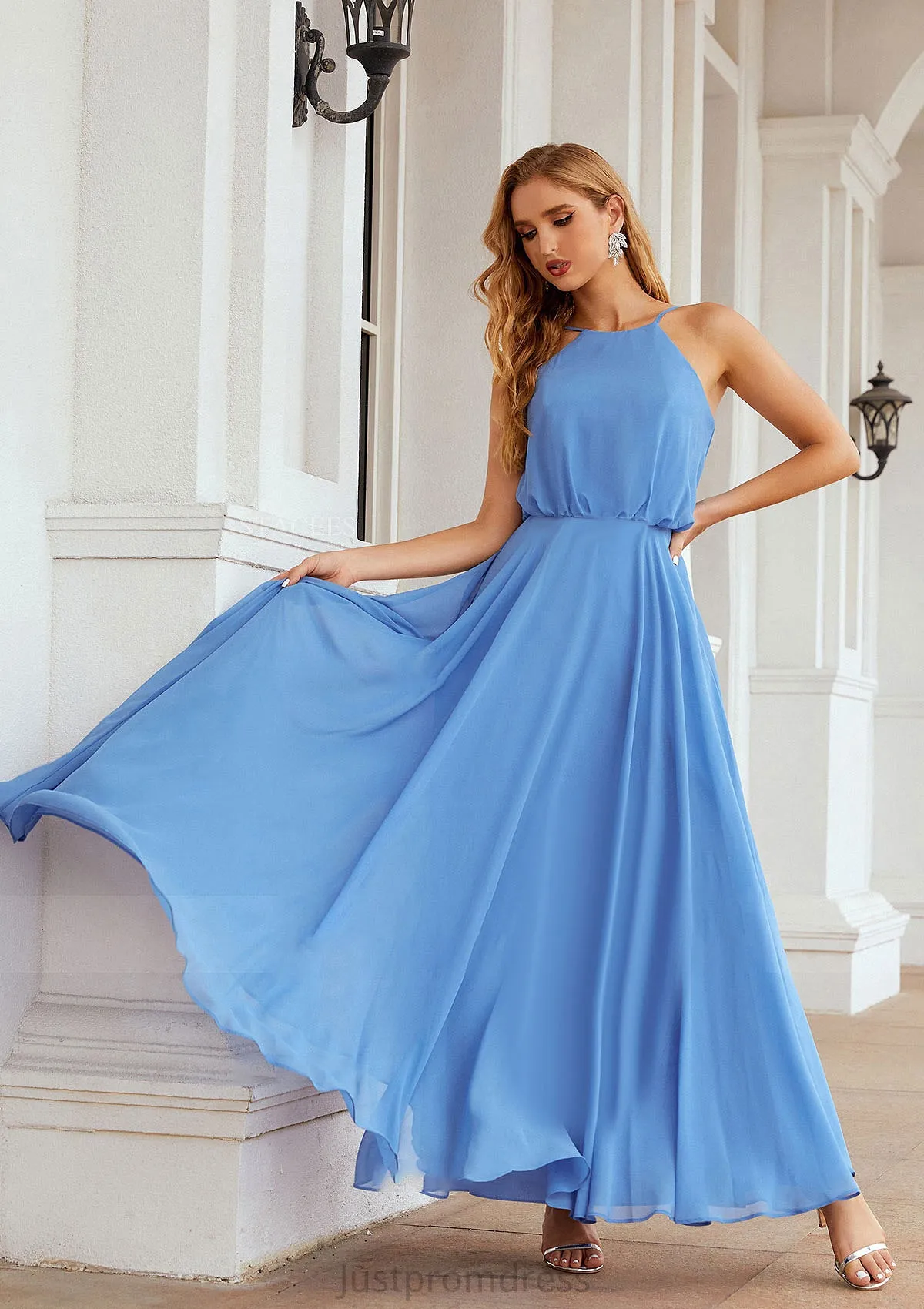 A-line Halter Sleeveless Chiffon Long/Floor-Length Bridesmaid Dresses With Pleated Kinsley HHP0025621