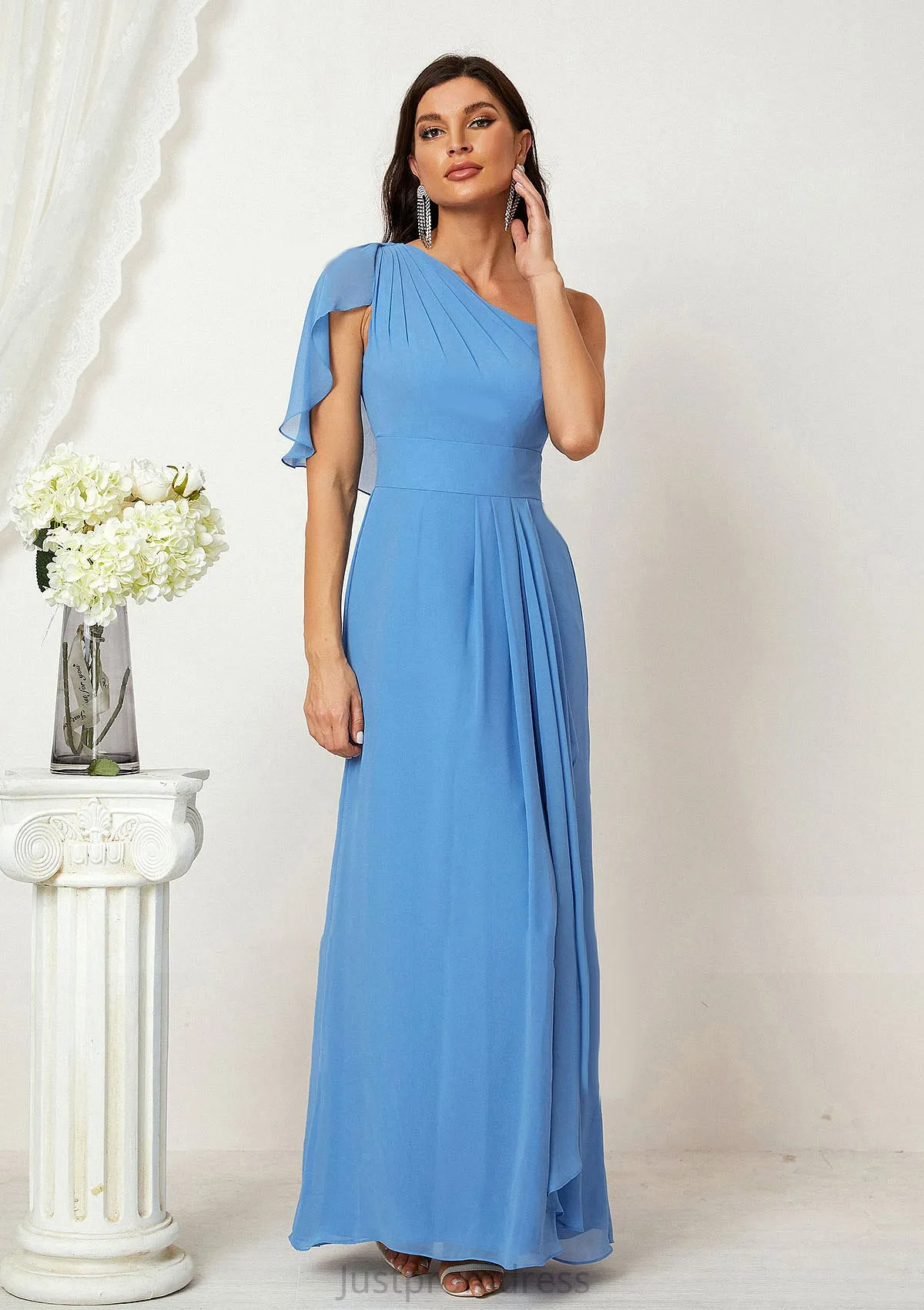A-line One-Shoulder Sleeveless Chiffon Long/Floor-Length Bridesmaid Dresses With Pleated Split Hilda HHP0025613