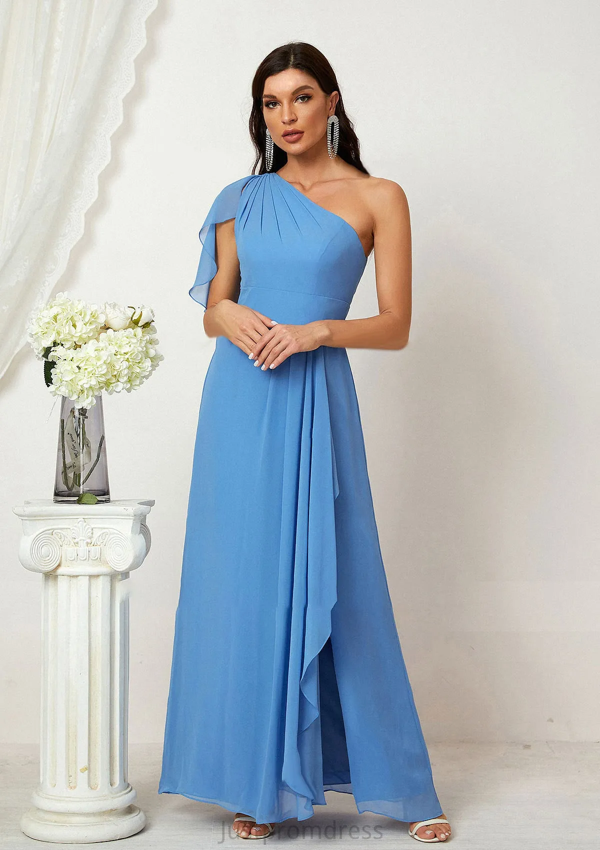 A-line One-Shoulder Sleeveless Chiffon Long/Floor-Length Bridesmaid Dresses With Pleated Split Hilda HHP0025613