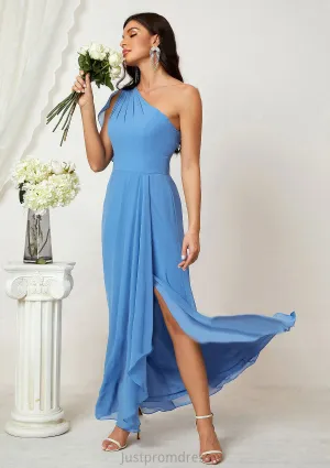 A-line One-Shoulder Sleeveless Chiffon Long/Floor-Length Bridesmaid Dresses With Pleated Split Hilda HHP0025613
