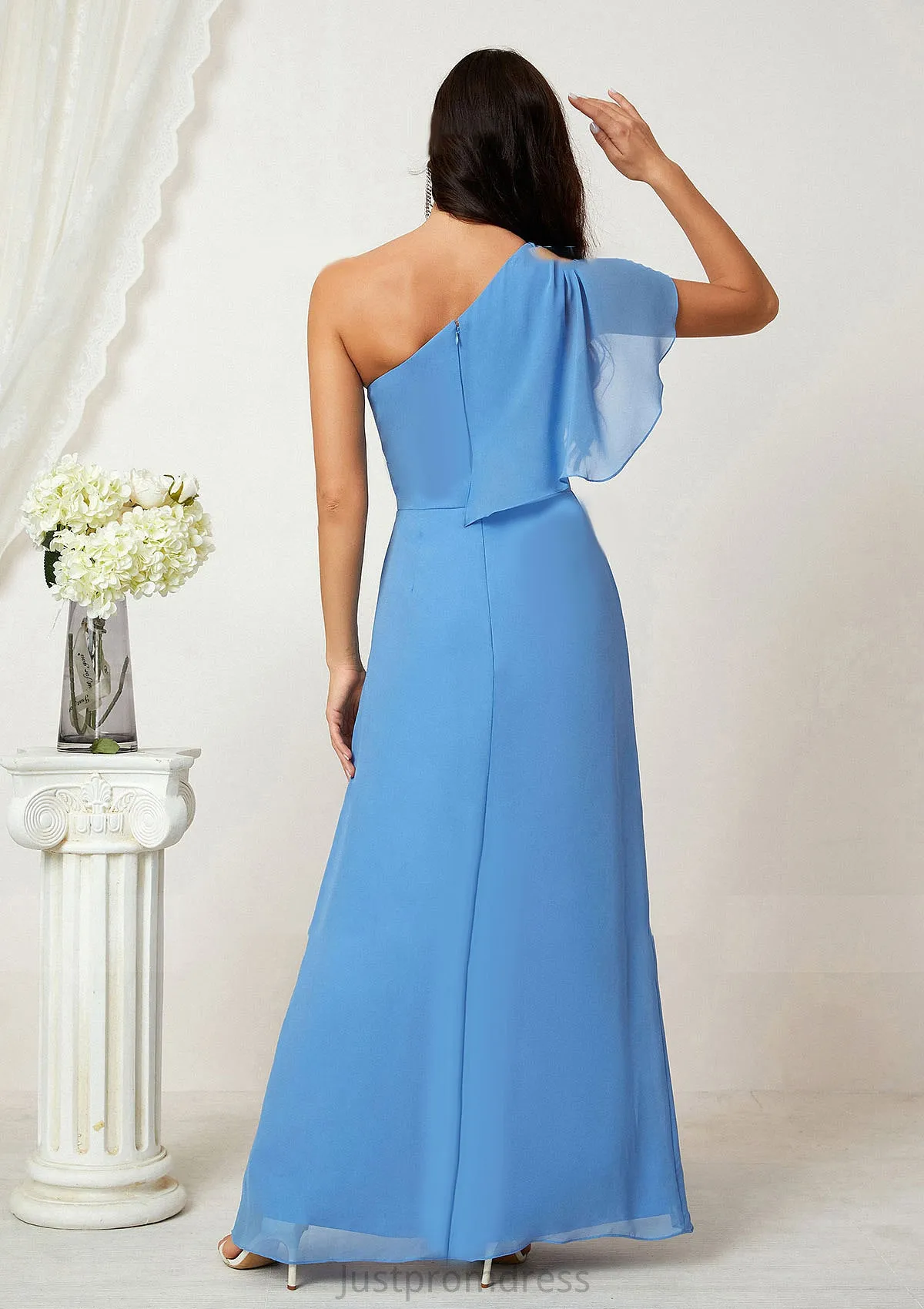 A-line One-Shoulder Sleeveless Chiffon Long/Floor-Length Bridesmaid Dresses With Pleated Split Hilda HHP0025613