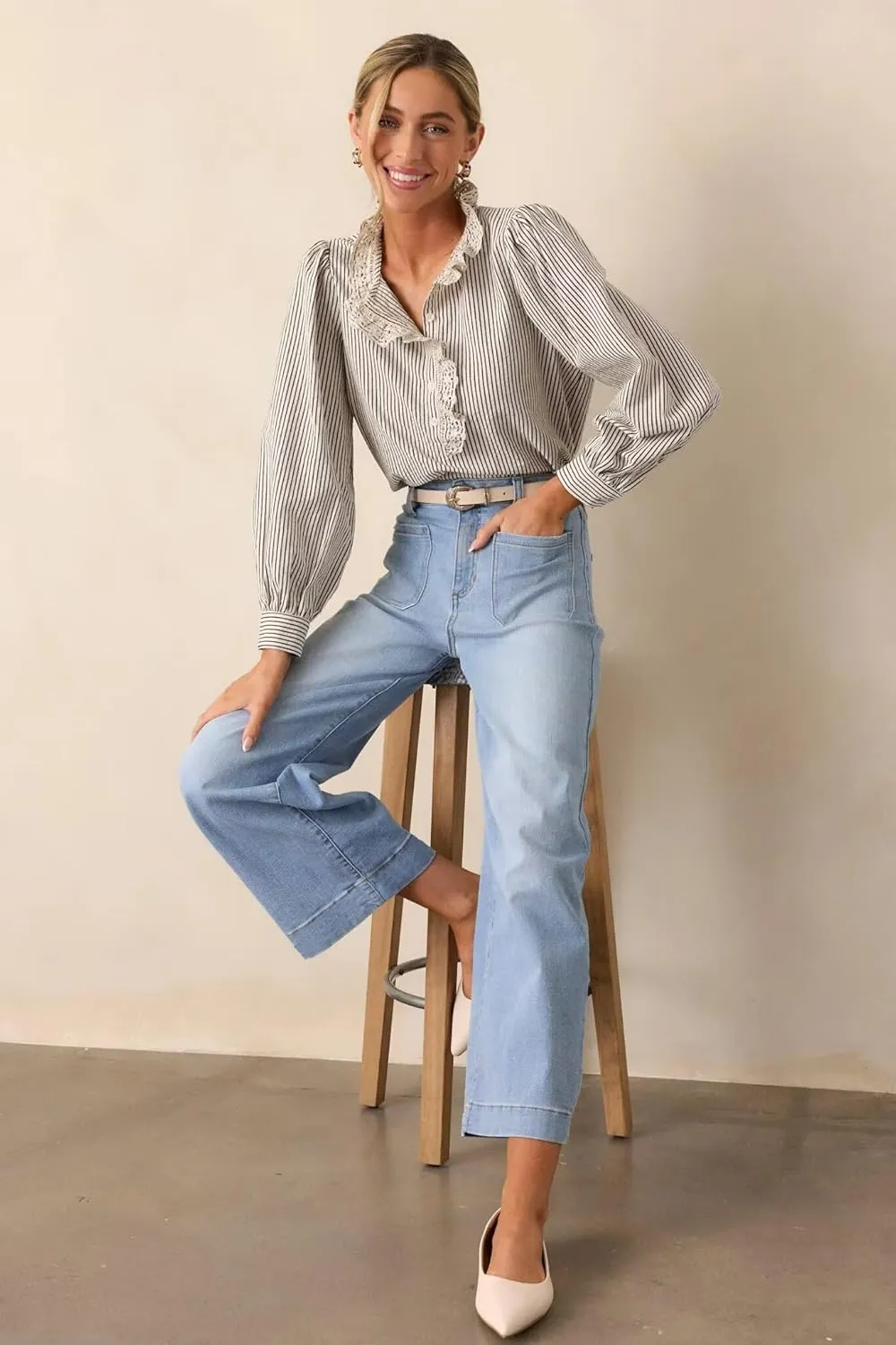 Allimy Women's High Waisted Cropped Wide Leg Jeans Stretchy Loose Denim Pants with Front Patch Pockets