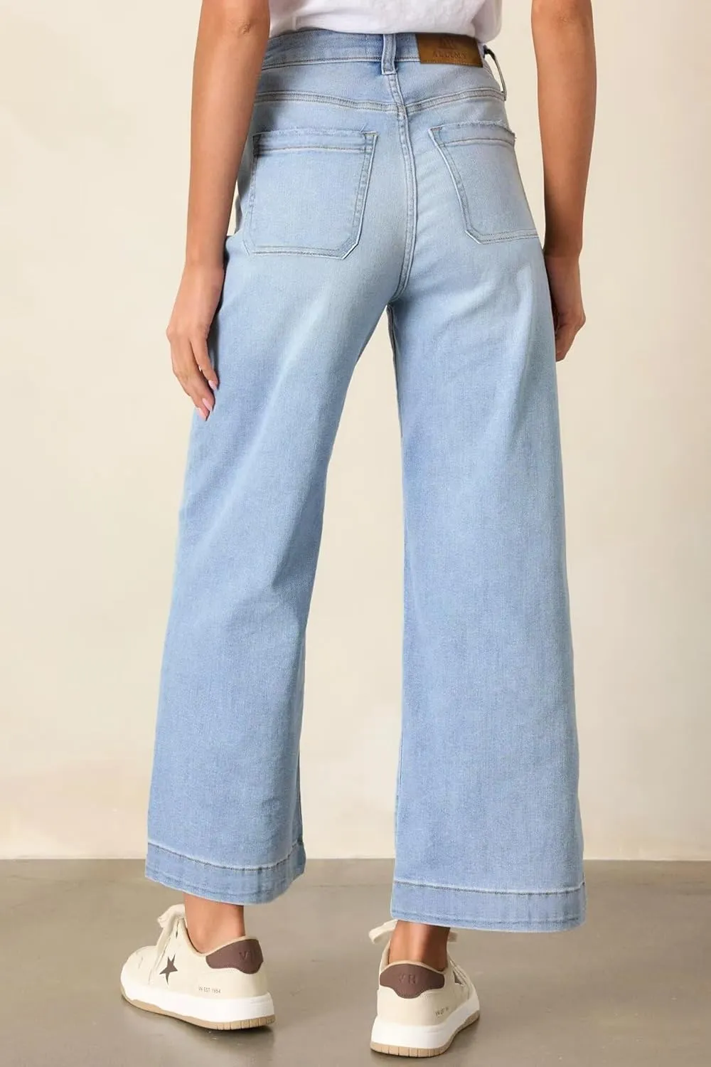 Allimy Women's High Waisted Cropped Wide Leg Jeans Stretchy Loose Denim Pants with Front Patch Pockets