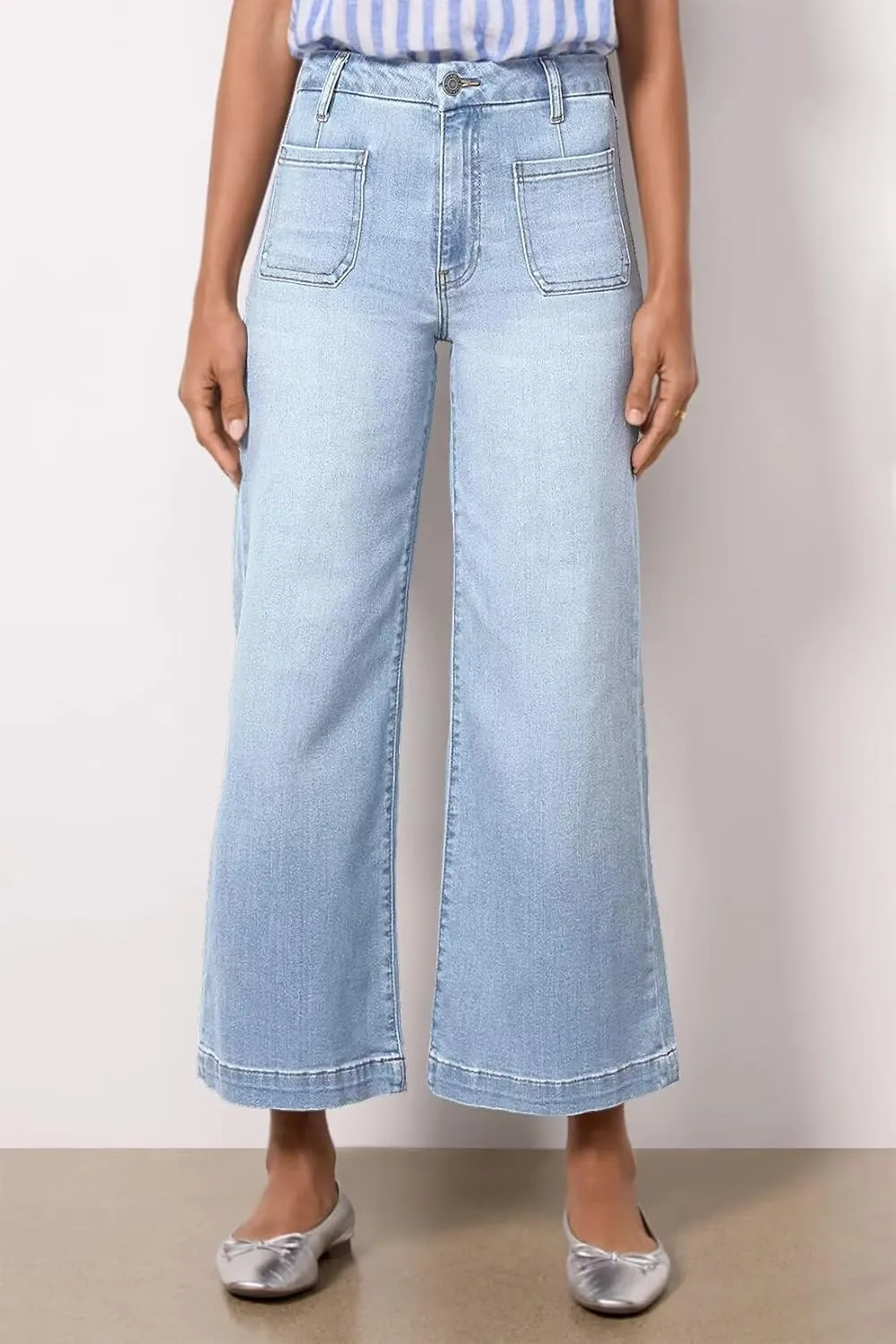 Allimy Women's High Waisted Cropped Wide Leg Jeans Stretchy Loose Denim Pants with Front Patch Pockets