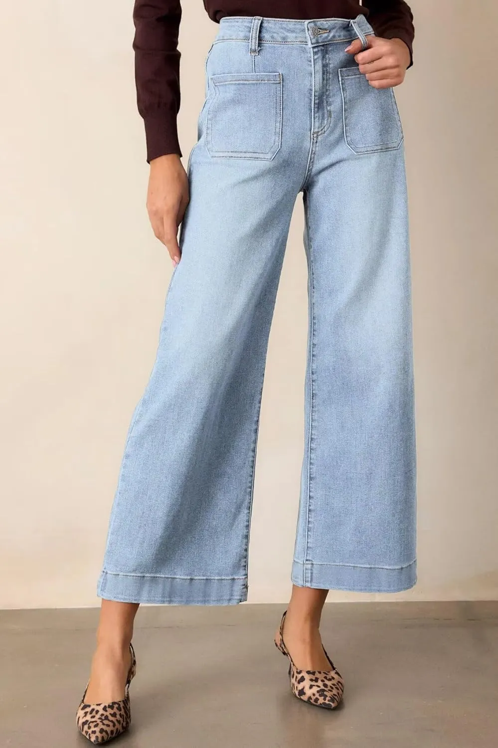 Allimy Women's High Waisted Cropped Wide Leg Jeans Stretchy Loose Denim Pants with Front Patch Pockets