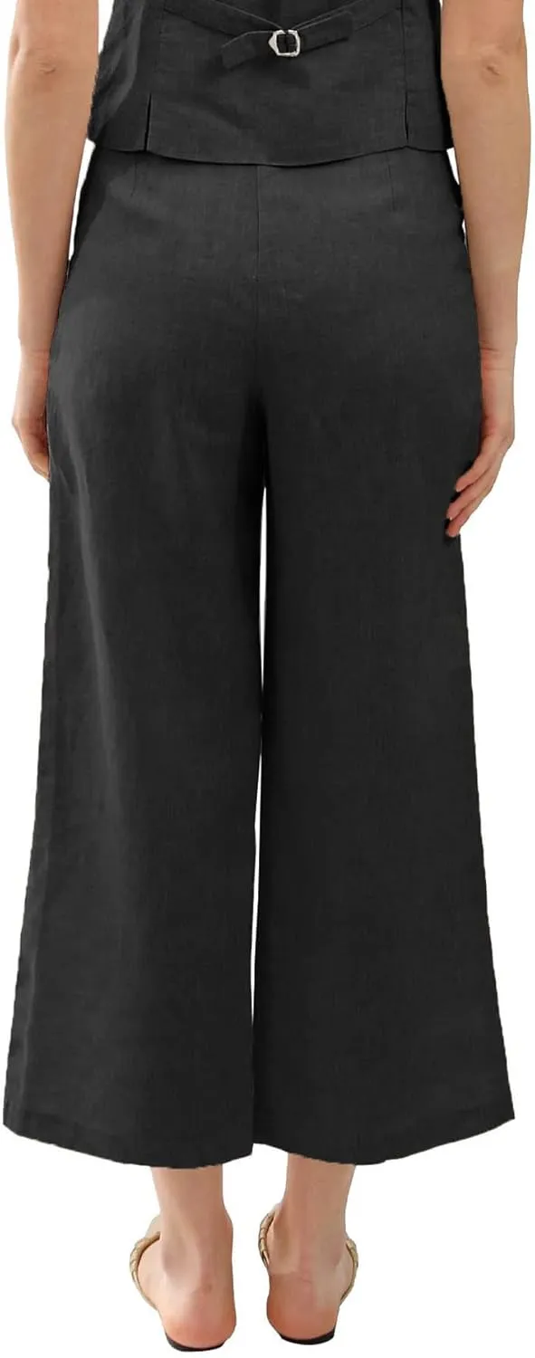 Amazhiyu Women's Linen Ankle Pants Pleated Front Wide Leg Straight Cropped Trouser