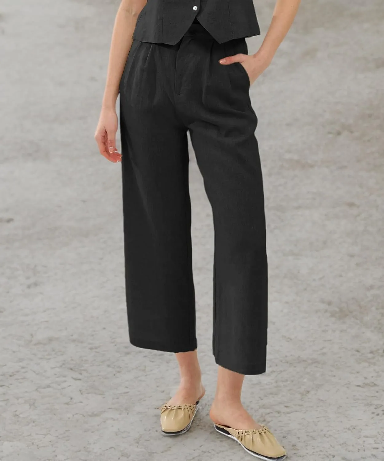 Amazhiyu Women's Linen Ankle Pants Pleated Front Wide Leg Straight Cropped Trouser