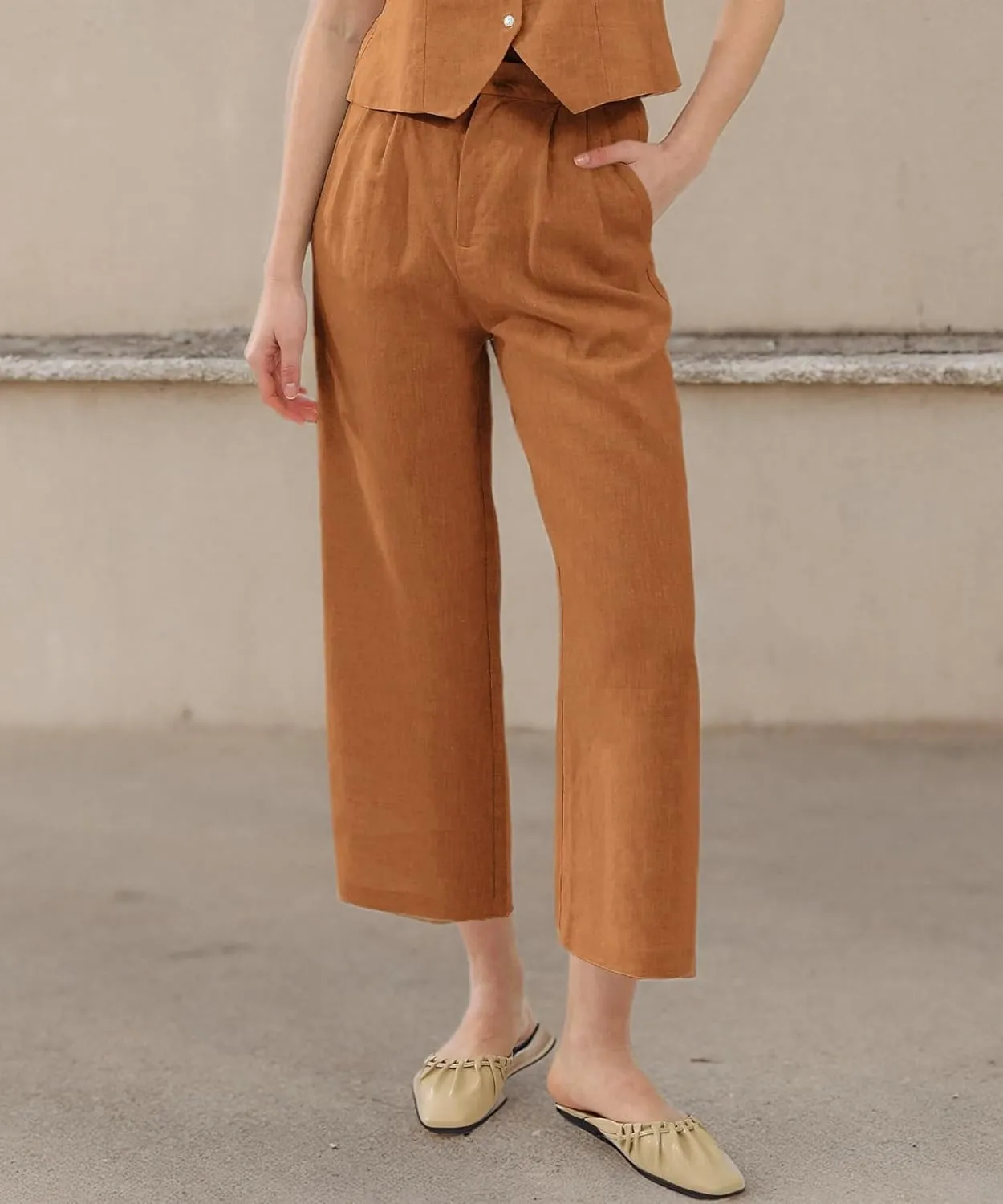 Amazhiyu Women's Linen Ankle Pants Pleated Front Wide Leg Straight Cropped Trouser