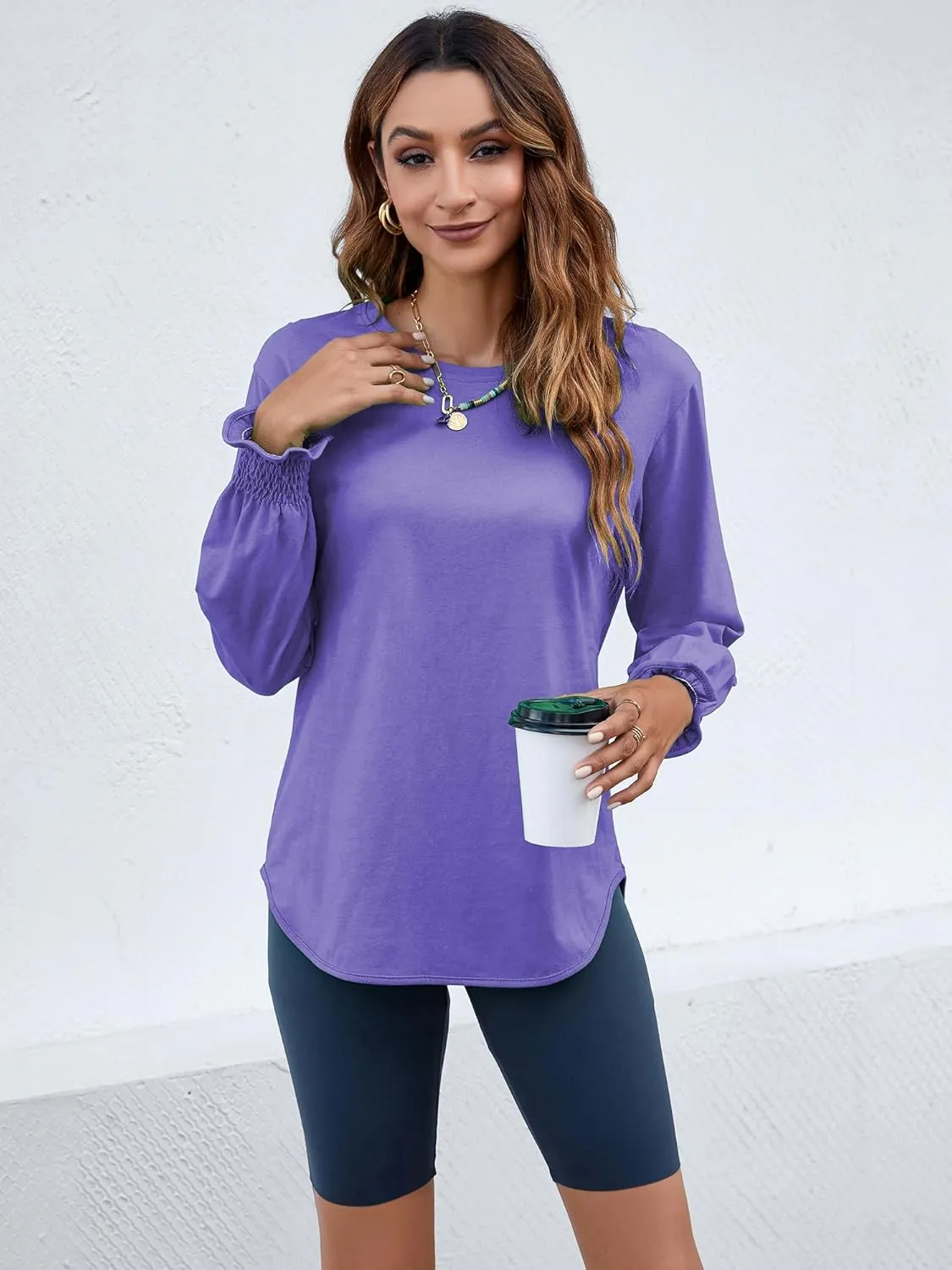 Atnlewhi Womens Puff Long Sleeve T Shirts Casual Crew Neck Basic Pullover Tee Tops Blouses