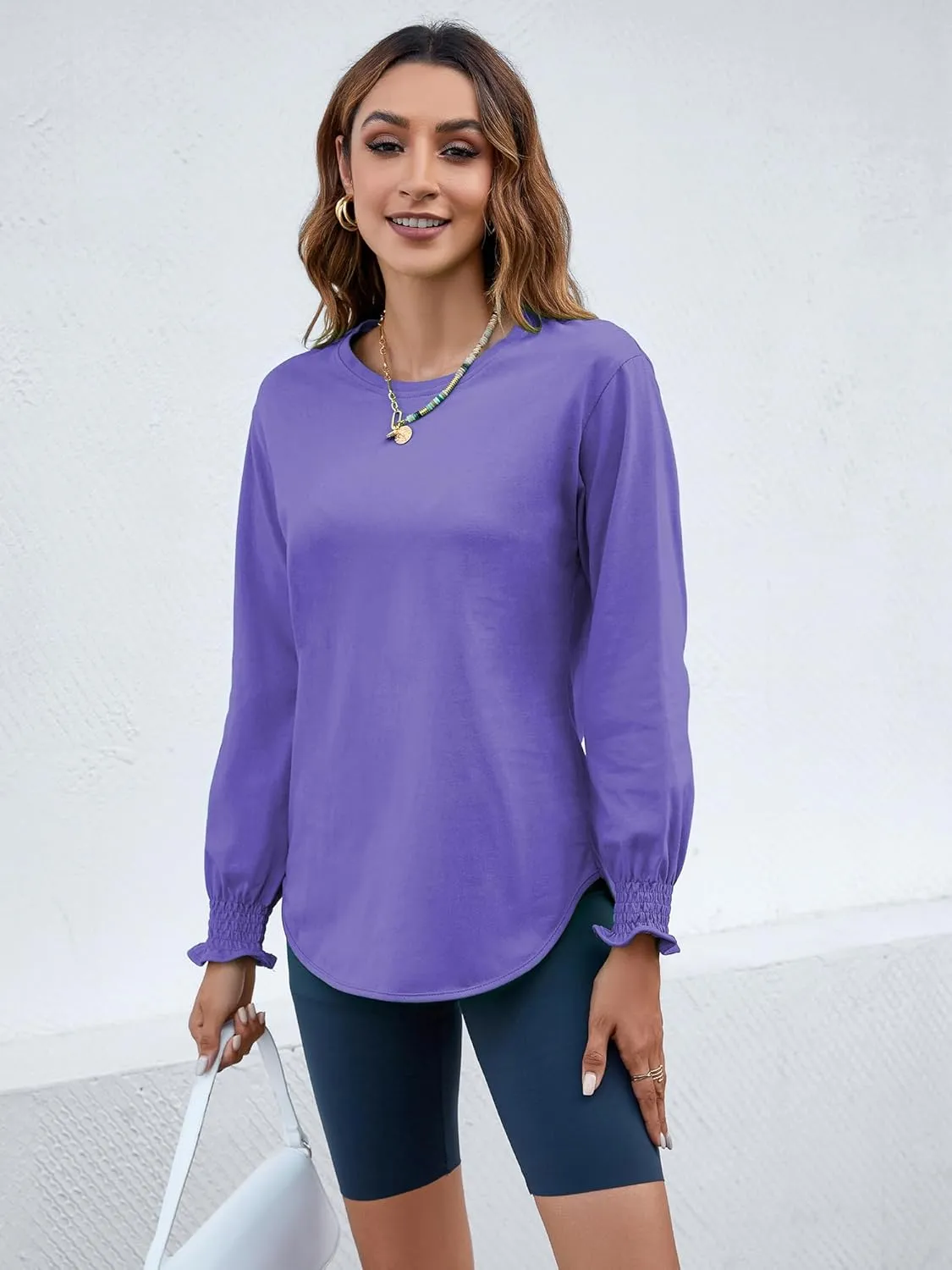 Atnlewhi Womens Puff Long Sleeve T Shirts Casual Crew Neck Basic Pullover Tee Tops Blouses