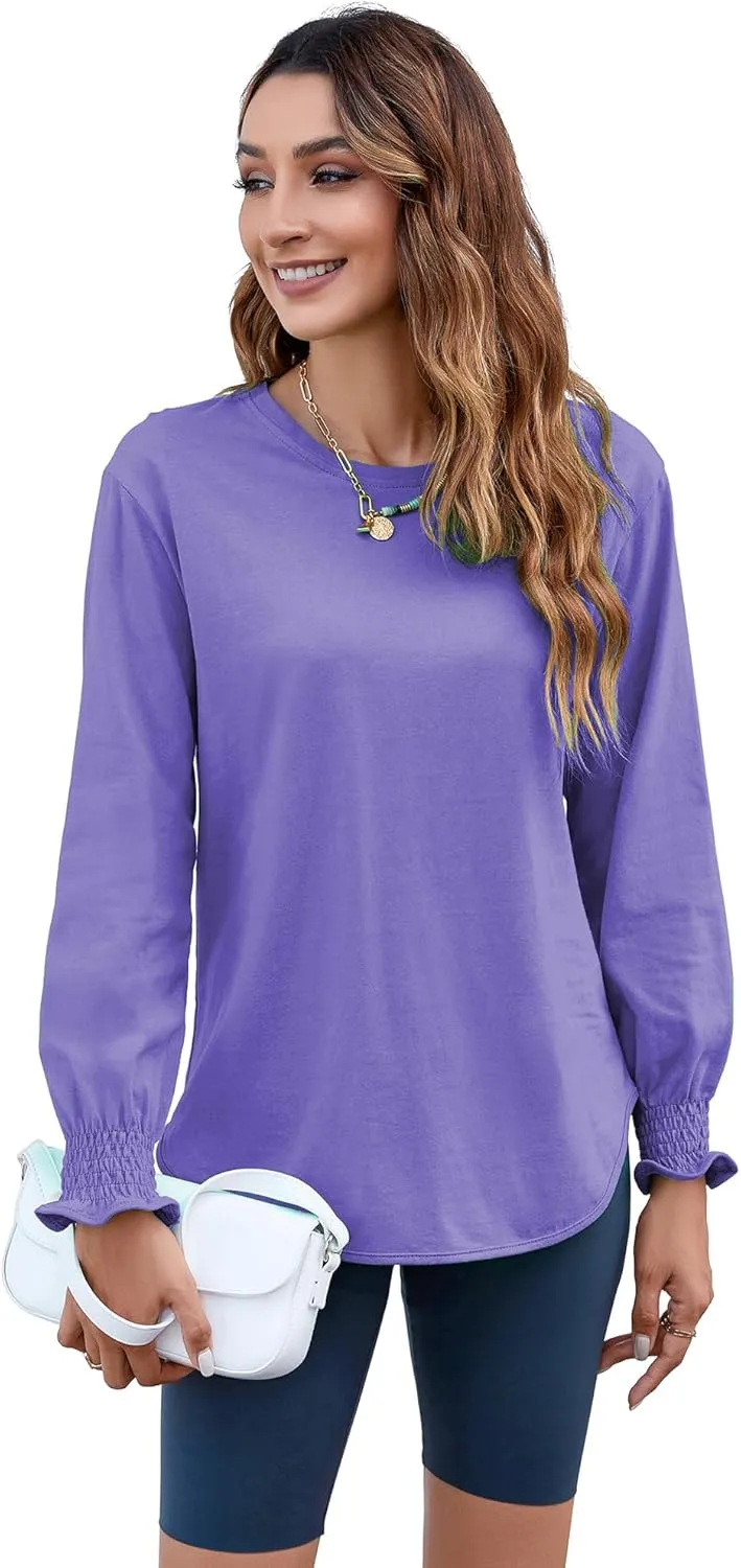 Atnlewhi Womens Puff Long Sleeve T Shirts Casual Crew Neck Basic Pullover Tee Tops Blouses