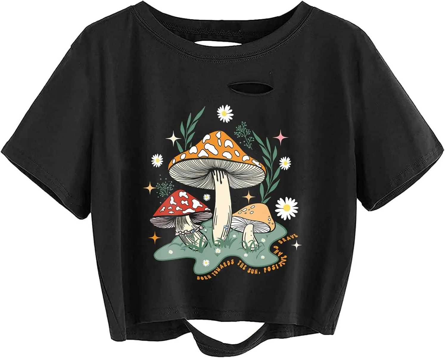 Avanova Women Skull Finger Graphic Distressed Tee Shirt Ripped Short Sleeve Crop Tops