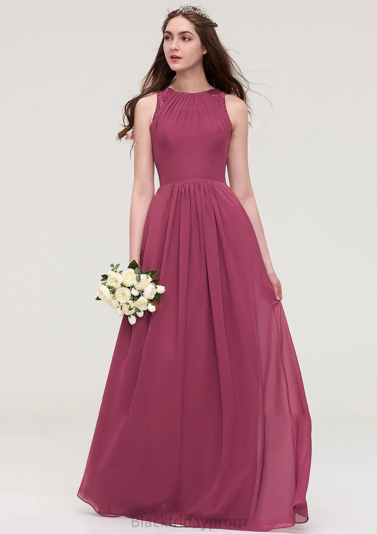 Bateau Sleeveless Long/Floor-Length Chiffon A-line/Princess Bridesmaid Dresses With Lace Pleated Destiney BF2P0025488
