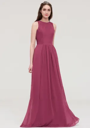 Bateau Sleeveless Long/Floor-Length Chiffon A-line/Princess Bridesmaid Dresses With Lace Pleated Destiney BF2P0025488