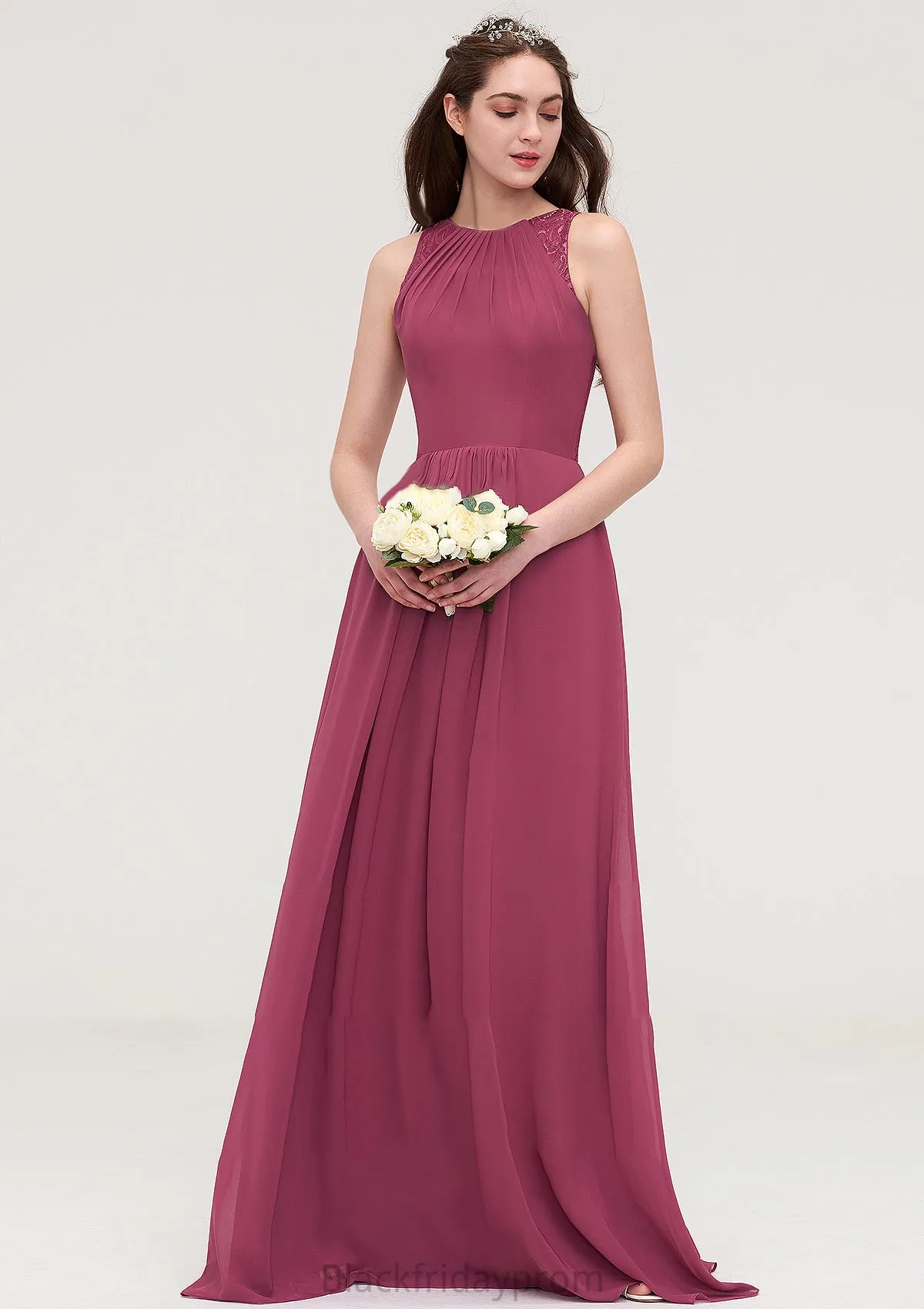 Bateau Sleeveless Long/Floor-Length Chiffon A-line/Princess Bridesmaid Dresses With Lace Pleated Destiney BF2P0025488