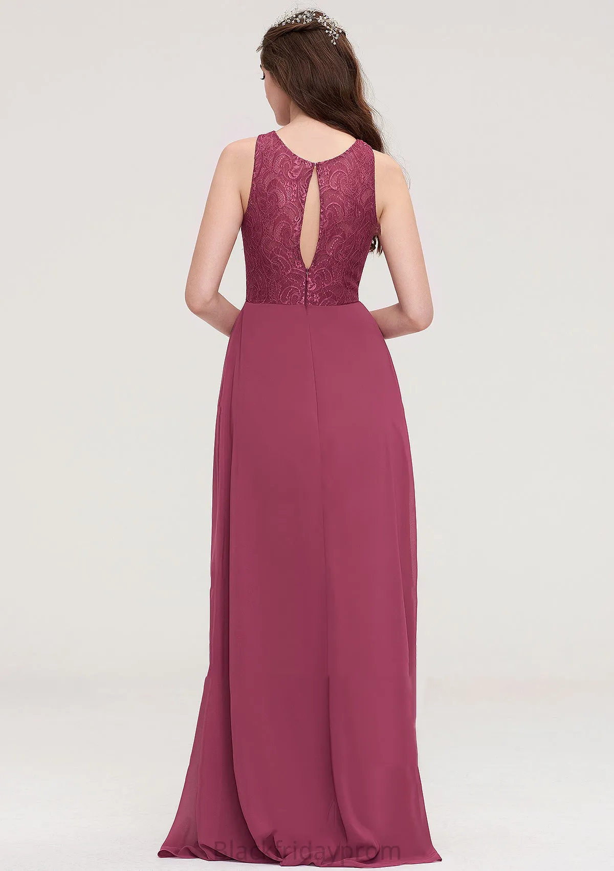Bateau Sleeveless Long/Floor-Length Chiffon A-line/Princess Bridesmaid Dresses With Lace Pleated Destiney BF2P0025488