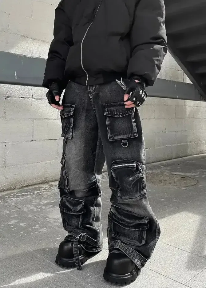 Black Washed Multi-Pocket Raver Jean