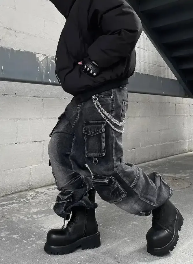Black Washed Multi-Pocket Raver Jean
