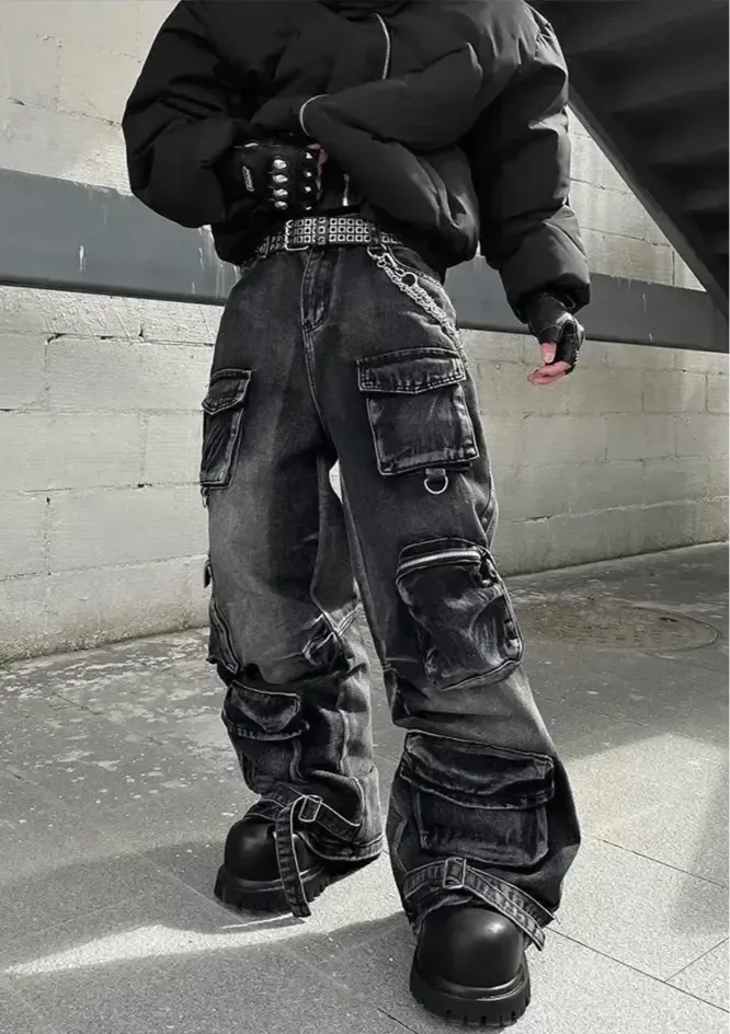 Black Washed Multi-Pocket Raver Jean