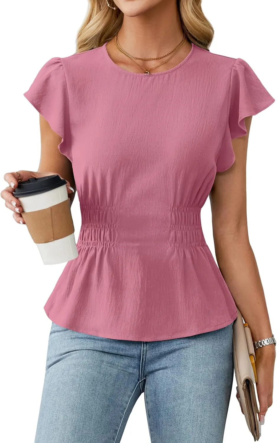 Blooming Jelly Women's Dressy Casual Blouses Business Ruffle Short Sleeve Tops Summer Crew Neck Smocked Shirts