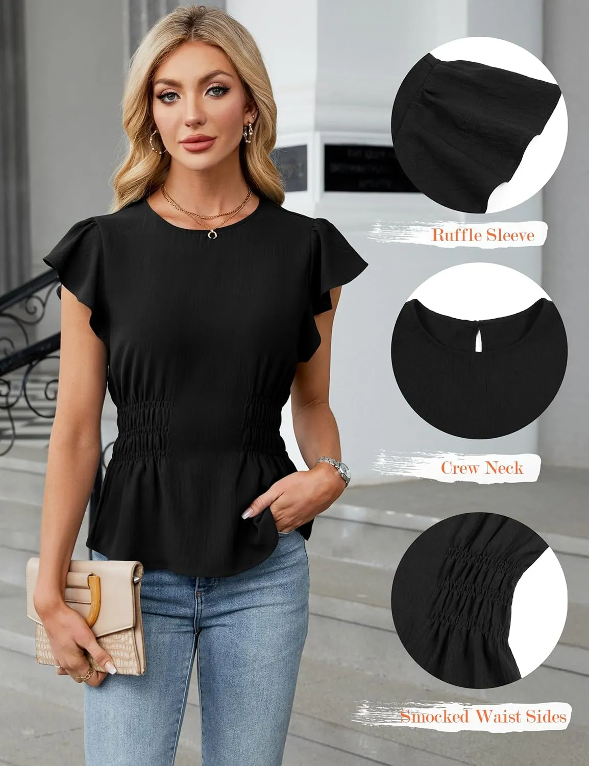 Blooming Jelly Women's Dressy Casual Blouses Business Ruffle Short Sleeve Tops Summer Crew Neck Smocked Shirts