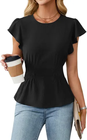 Blooming Jelly Women's Dressy Casual Blouses Business Ruffle Short Sleeve Tops Summer Crew Neck Smocked Shirts