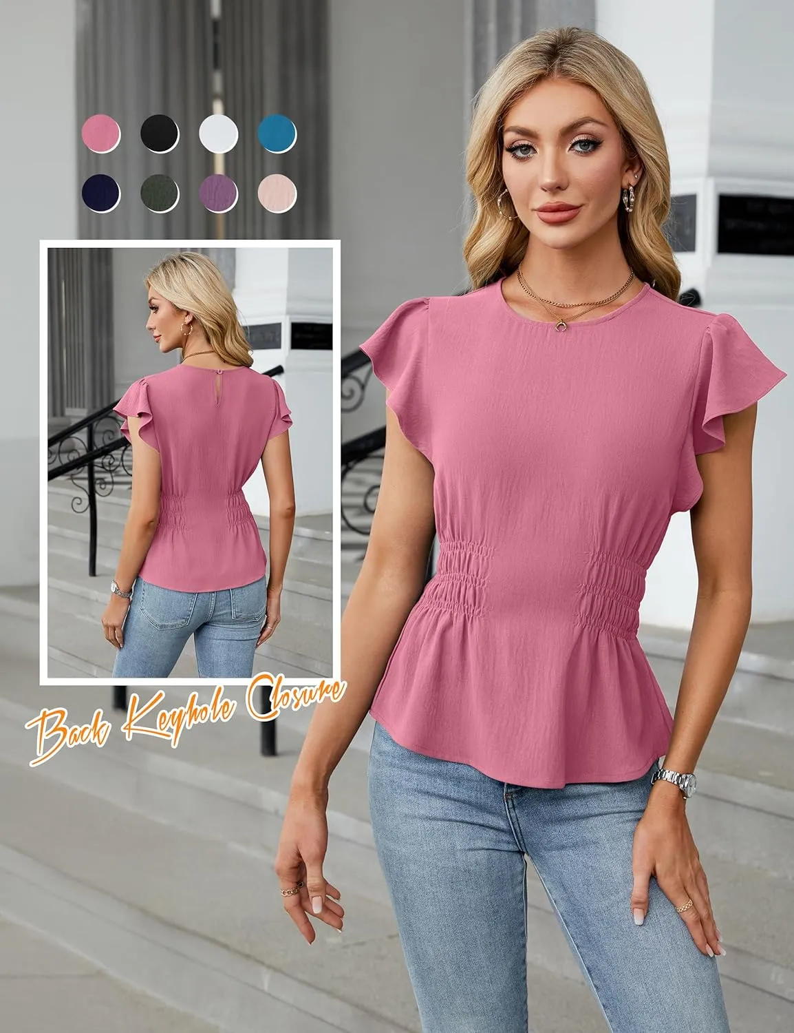 Blooming Jelly Women's Dressy Casual Blouses Business Ruffle Short Sleeve Tops Summer Crew Neck Smocked Shirts