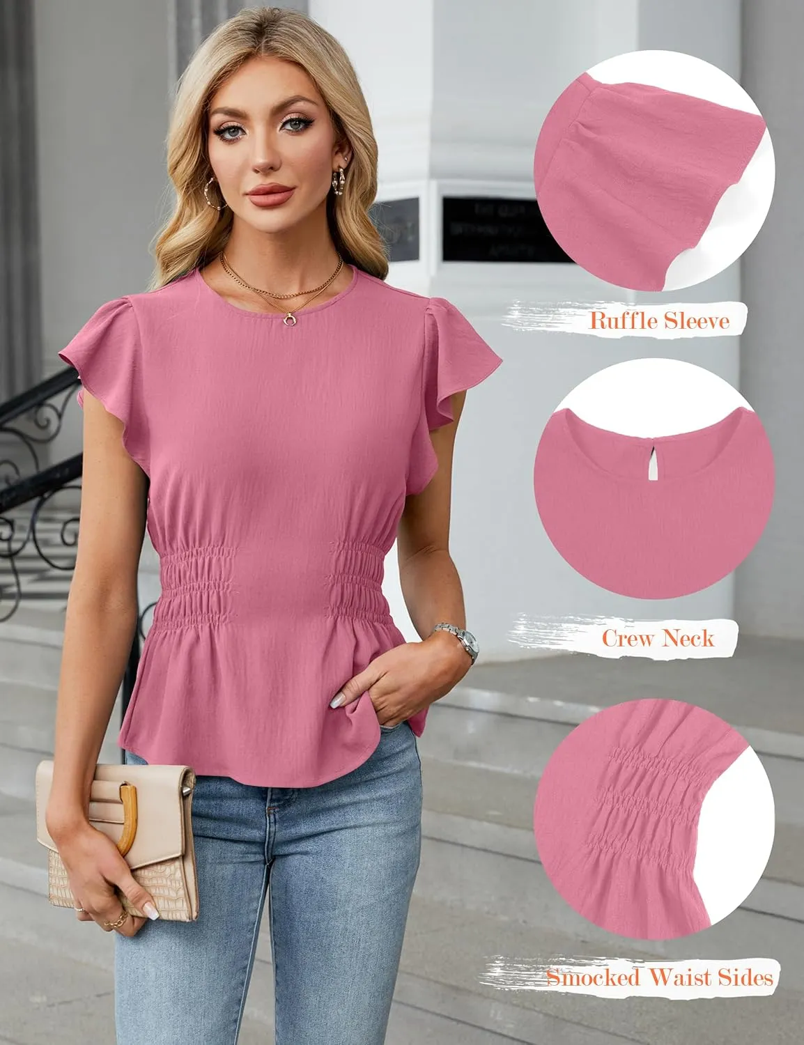 Blooming Jelly Women's Dressy Casual Blouses Business Ruffle Short Sleeve Tops Summer Crew Neck Smocked Shirts