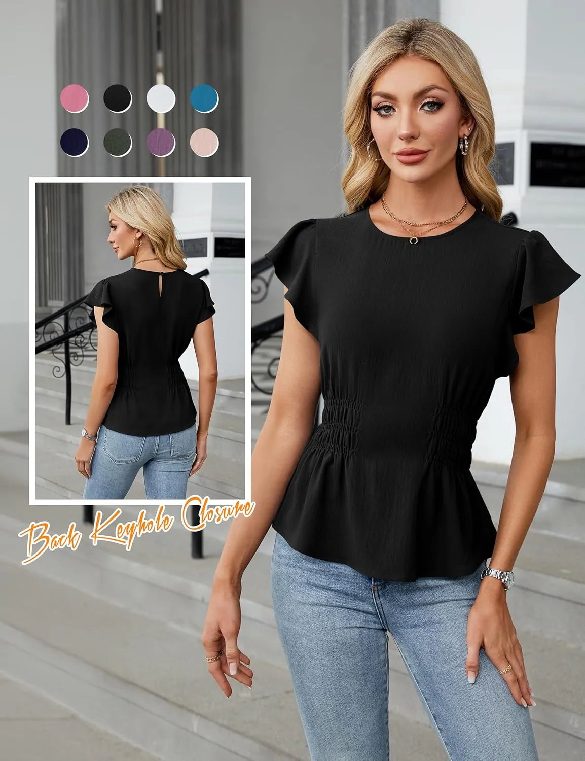 Blooming Jelly Women's Dressy Casual Blouses Business Ruffle Short Sleeve Tops Summer Crew Neck Smocked Shirts