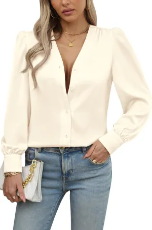 Blouses for Women Business Casual Tops Satin Silk V Neck Long Sleeve Button Down Shirts Work Blouses