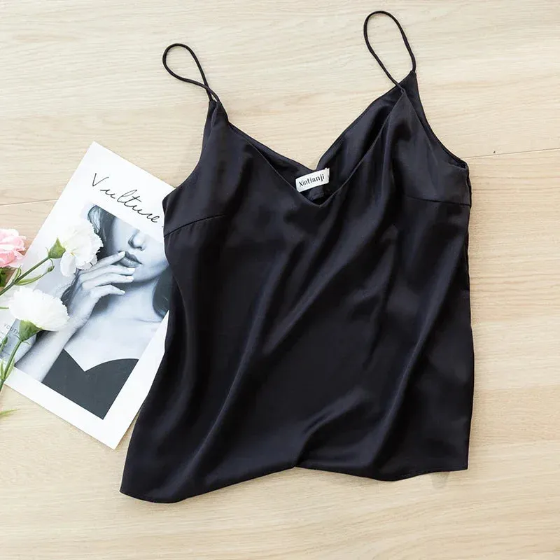 Chic Satin V-Neck Tank Top for Summer - Luxurious Sleeveless Camisole for Stylish Women