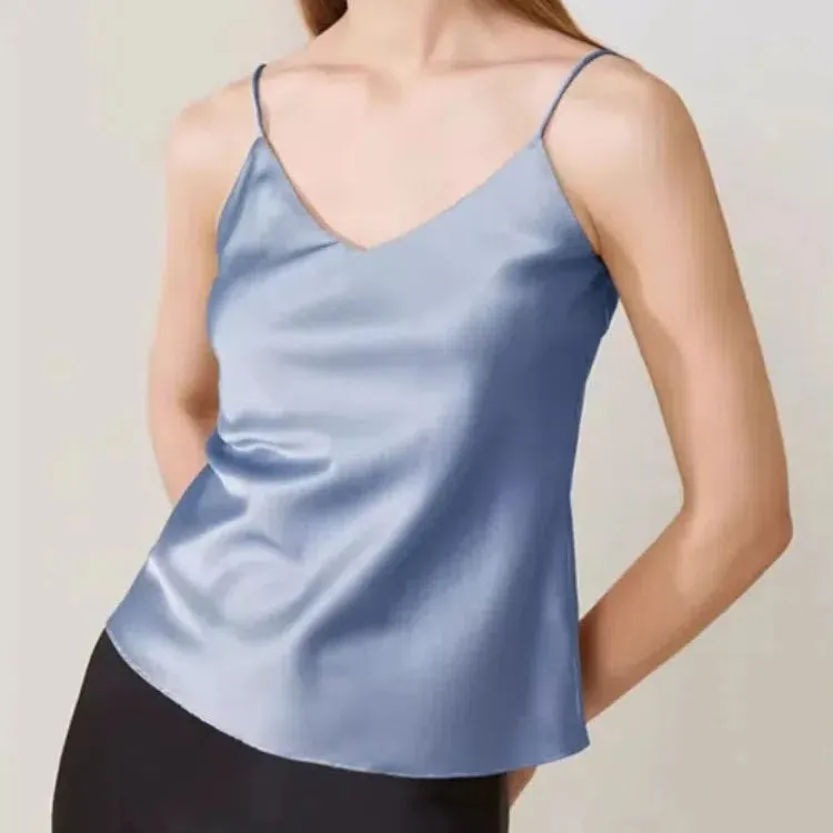Chic Satin V-Neck Tank Top for Summer - Luxurious Sleeveless Camisole for Stylish Women