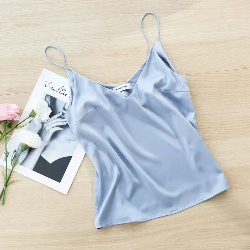 Chic Satin V-Neck Tank Top for Summer - Luxurious Sleeveless Camisole for Stylish Women
