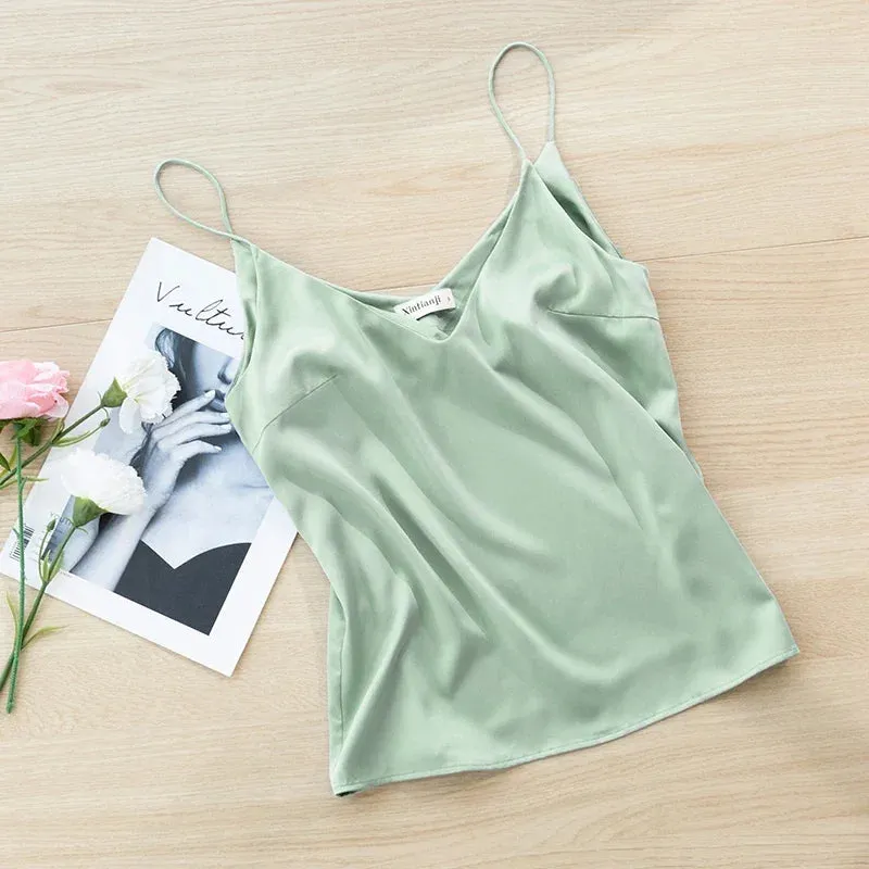 Chic Satin V-Neck Tank Top for Summer - Luxurious Sleeveless Camisole for Stylish Women
