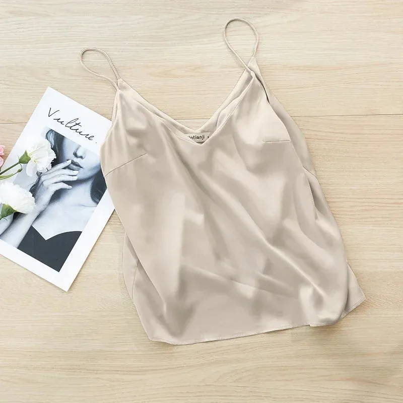 Chic Satin V-Neck Tank Top for Summer - Luxurious Sleeveless Camisole for Stylish Women