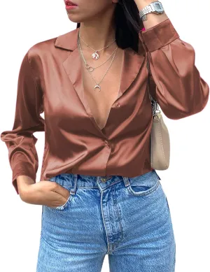 Chigant Womens Satin Silk Blouses Button Down Long Sleeve Shirt V Neck Tops