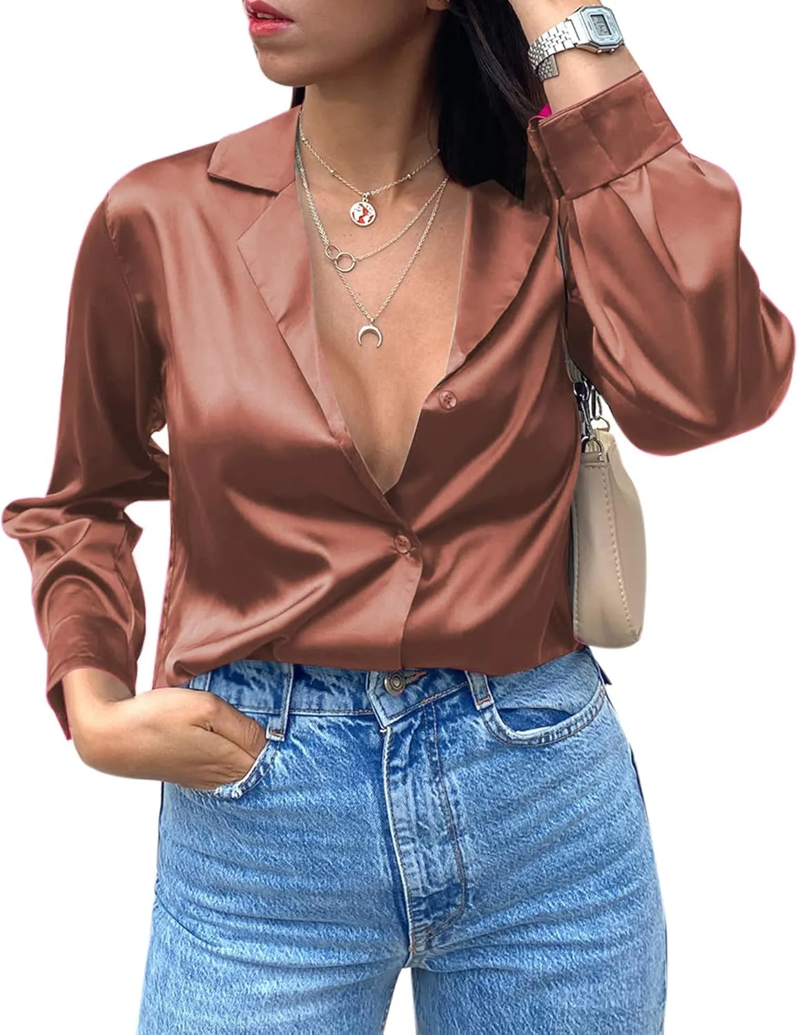 Chigant Womens Satin Silk Blouses Button Down Long Sleeve Shirt V Neck Tops