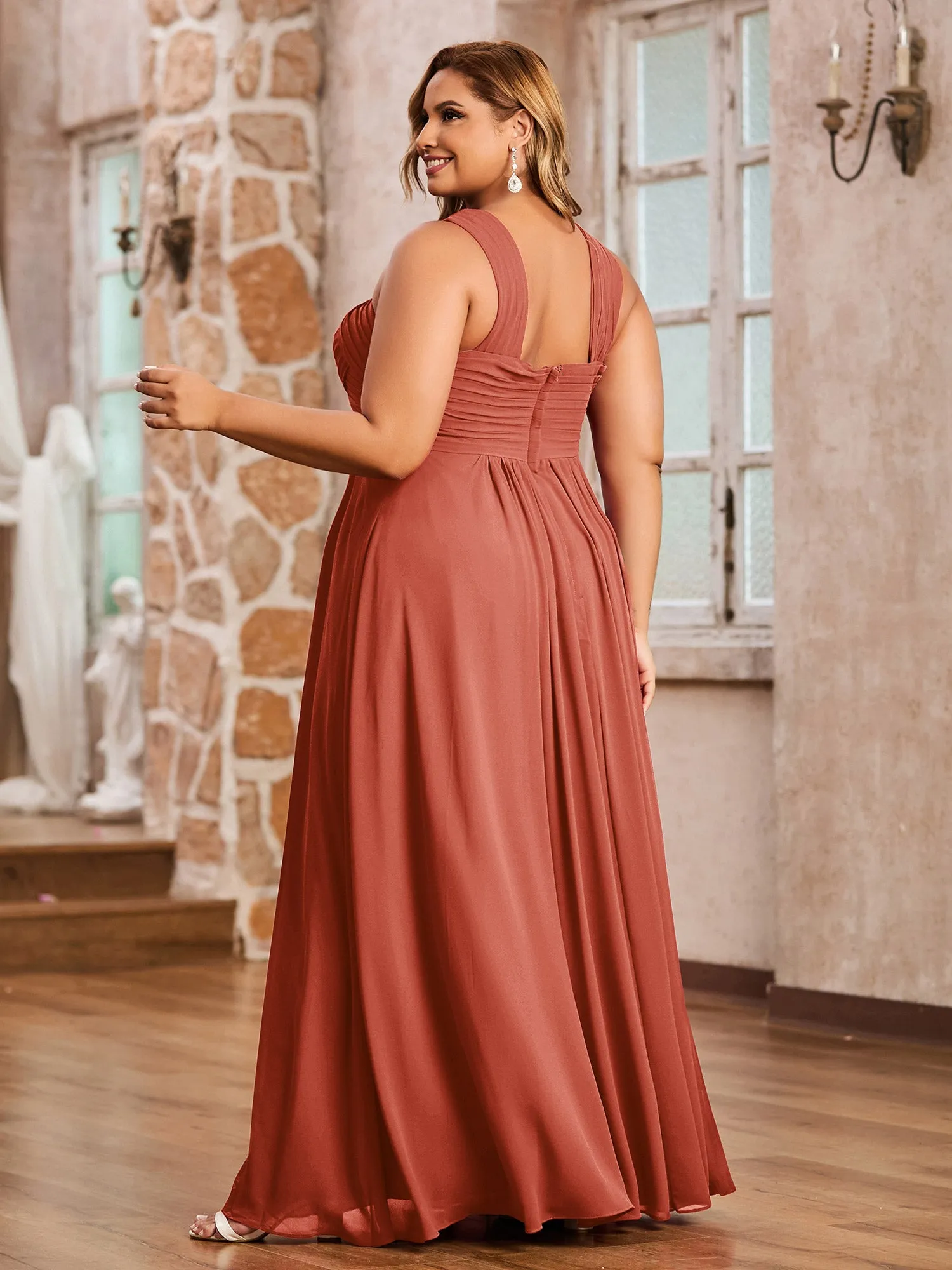 Cross Shoulder Strap Chiffon Dress with Empire Waist Rust Plus Size