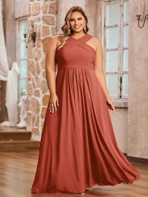 Cross Shoulder Strap Chiffon Dress with Empire Waist Rust Plus Size