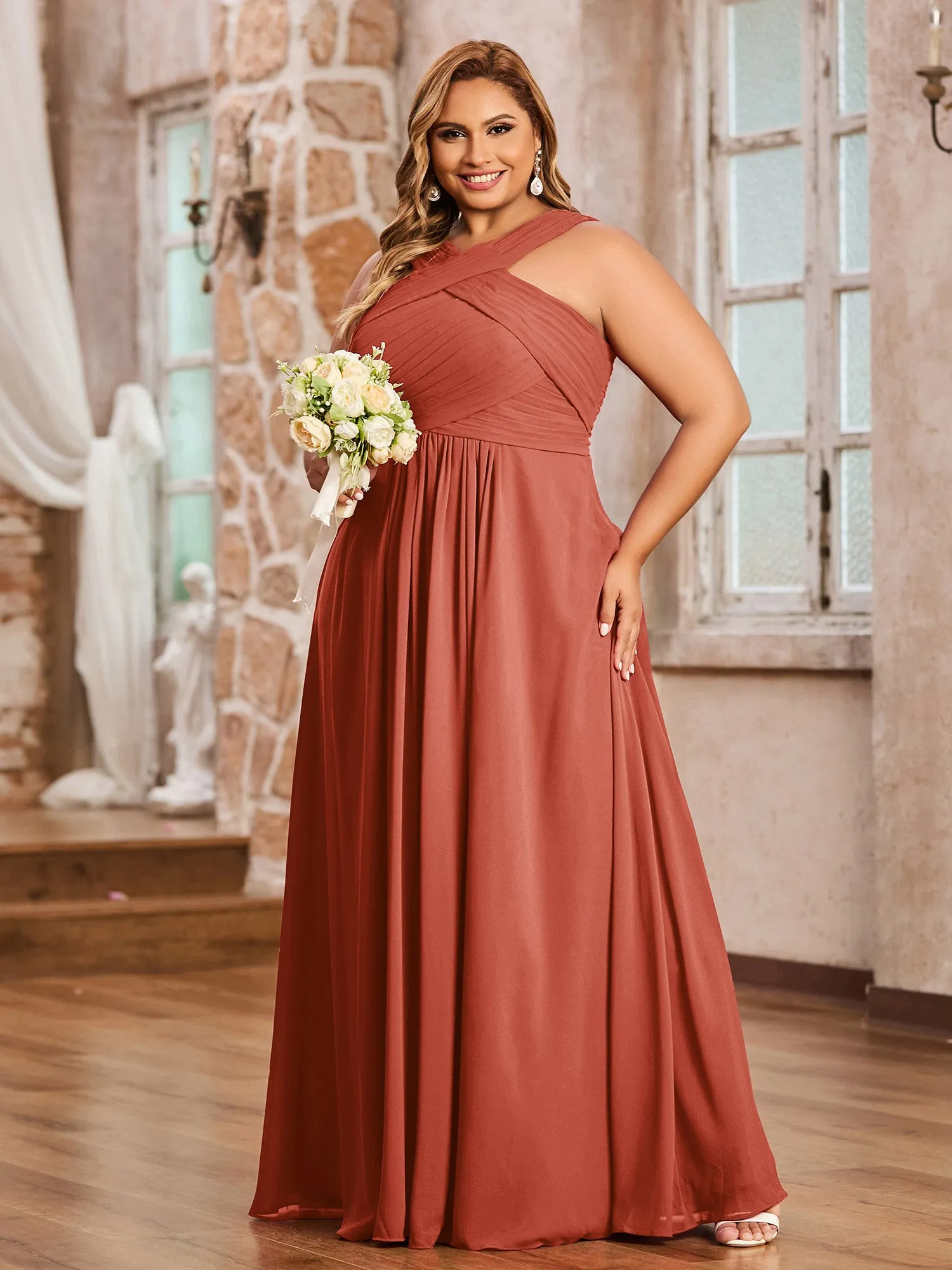 Cross Shoulder Strap Chiffon Dress with Empire Waist Rust Plus Size