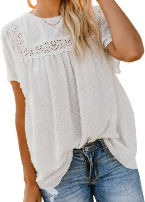 Dokotoo Womens Crewneck Lace Crochet Pom Pom Flowy Short Sleeve Casual Shirts Blouses Tops