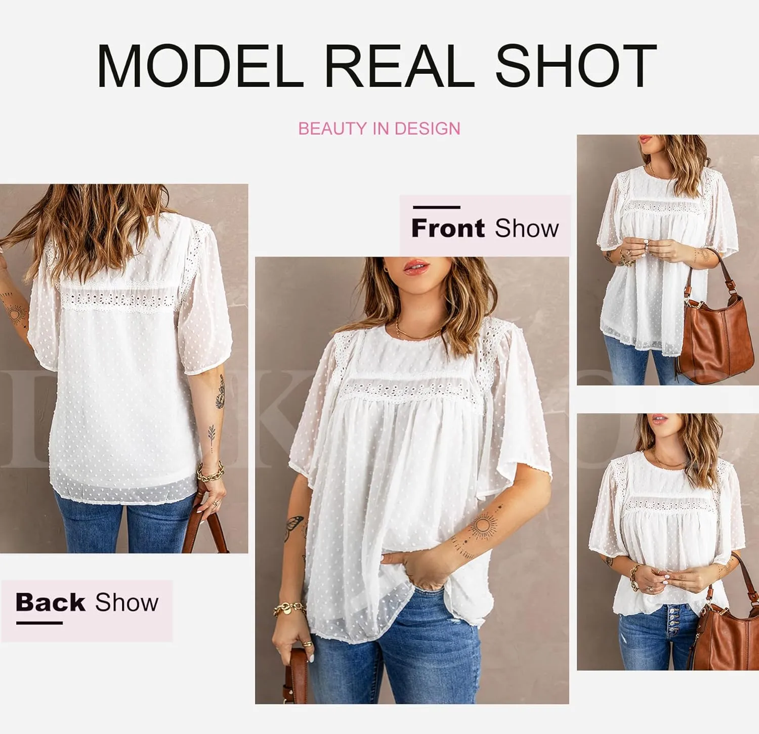 Dokotoo Womens Crewneck Lace Crochet Pom Pom Flowy Short Sleeve Casual Shirts Blouses Tops