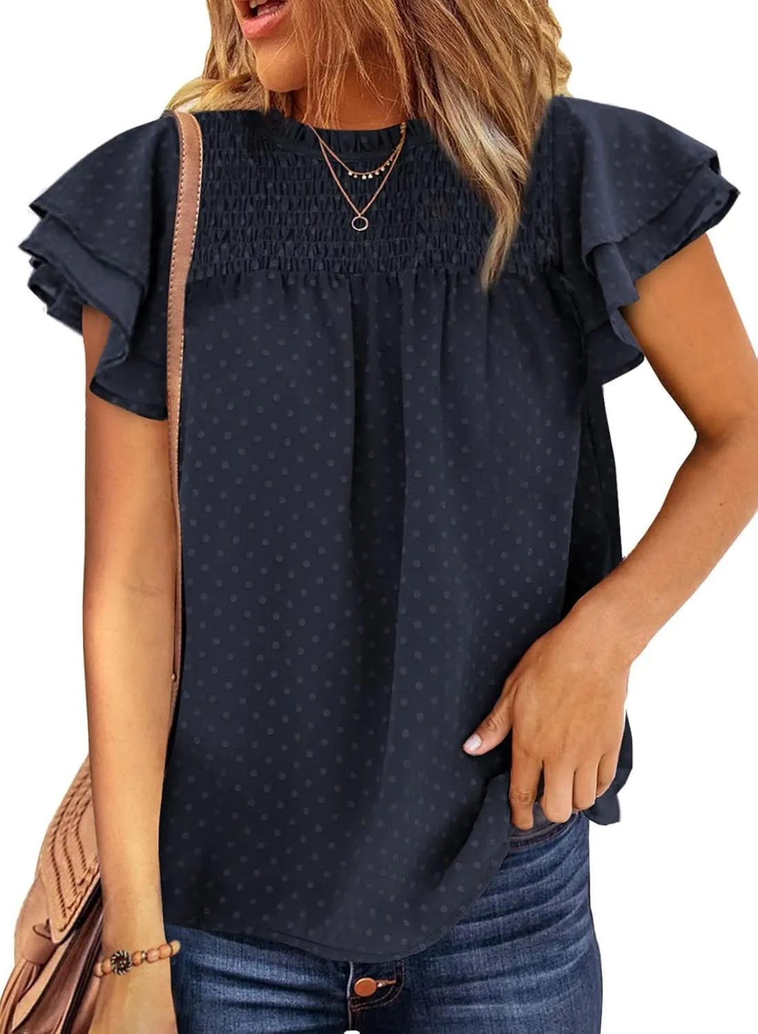 Dokotoo Womens Crewneck Lace Crochet Pom Pom Flowy Short Sleeve Casual Shirts Blouses Tops